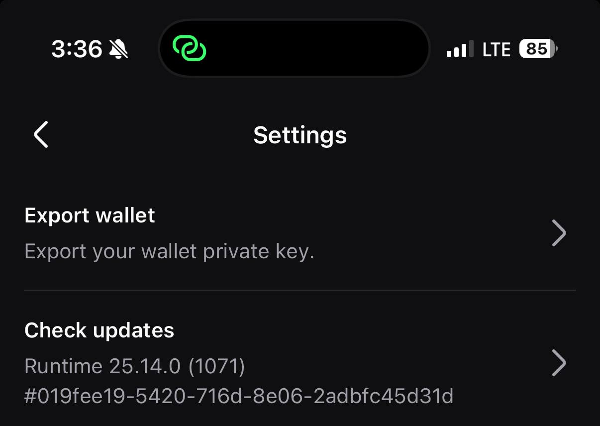 pump.fun app Settings screen with the Export wallet option